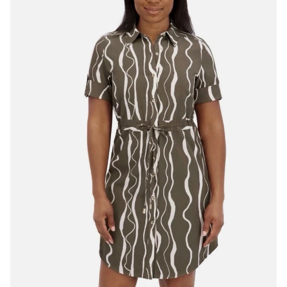 Halston Green White Wavy Abstract Shirt Dress Short Sleeve •M• Mod Career Chic